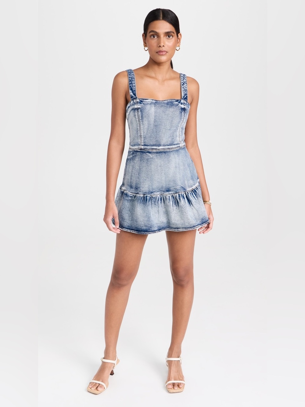 Amanda Uprichard Piper Romper in Denim Mini Dress Square Neckline Stretch Jean - Picture 1 of 7